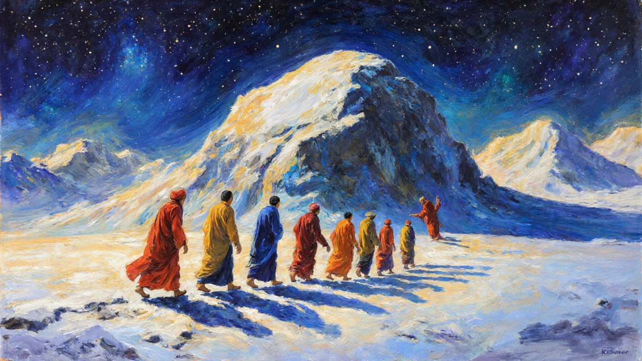 Pilgrims in colorful robes walk around a sacred mountain under a starry night sky.