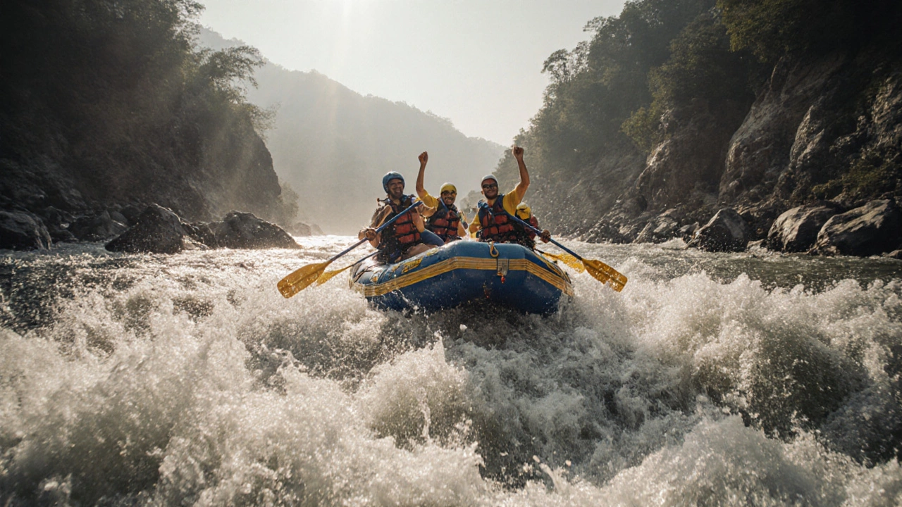 Rafters navigating wild rapids on the Ganges River near Rishikesh.