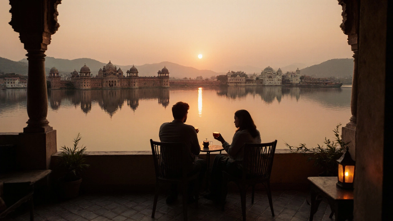 Two travelers watch sunset over Lake Pichola in Udaipur, no crowds, quiet and serene.