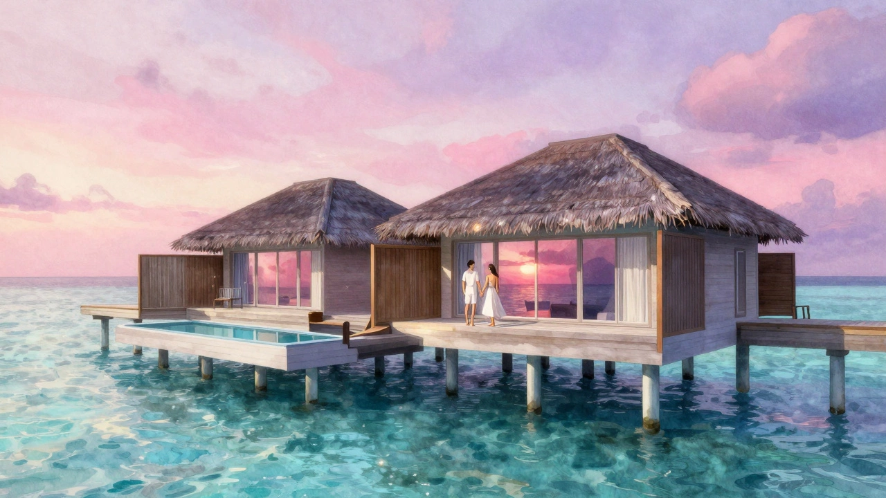 A couple enjoying a private sunset on an overwater villa in the Maldives.