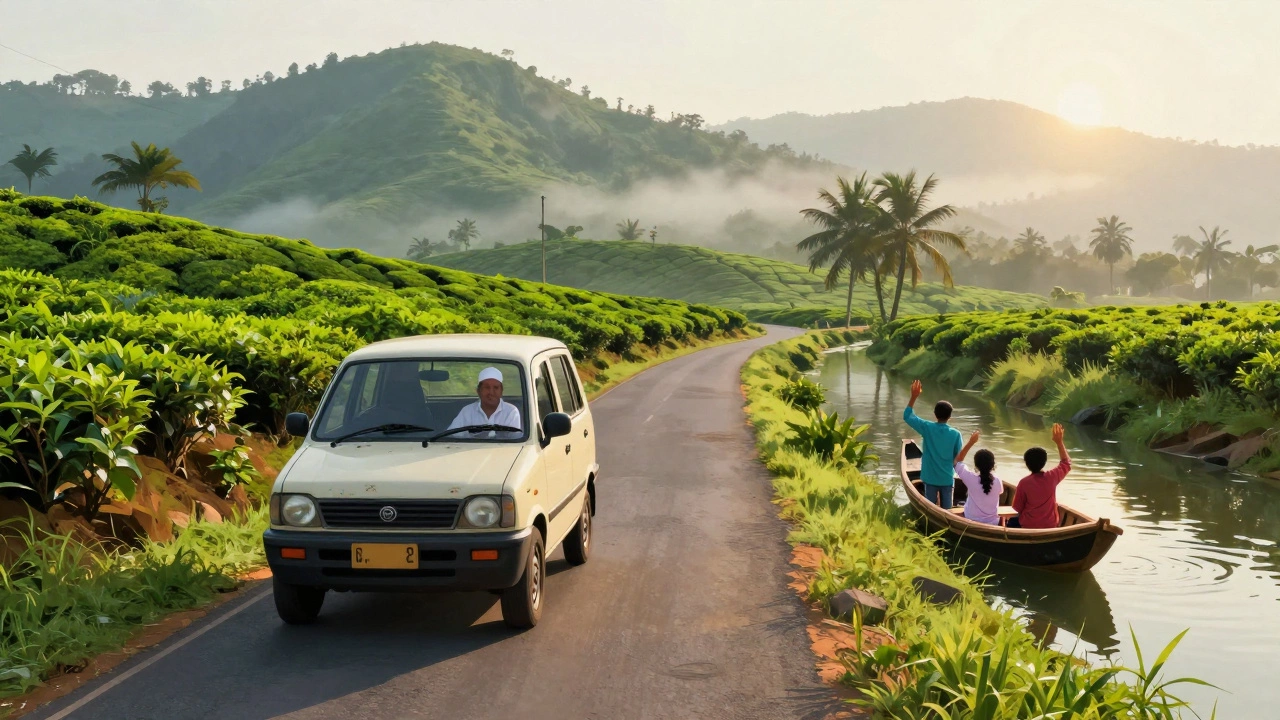 A local driver in a car navigating a scenic Kerala road, with a bamboo boat and tea estates in the background.