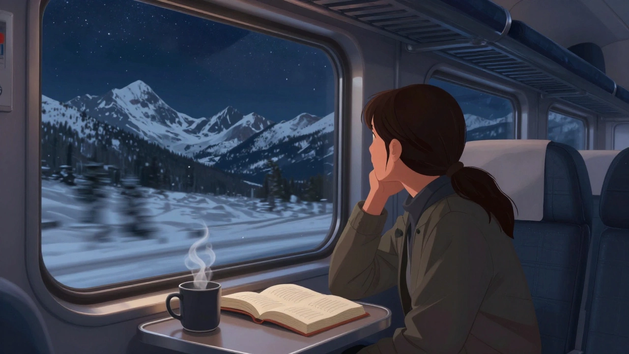 A passenger gazing out a sleeper car window at the Rocky Mountains under a starry night sky.