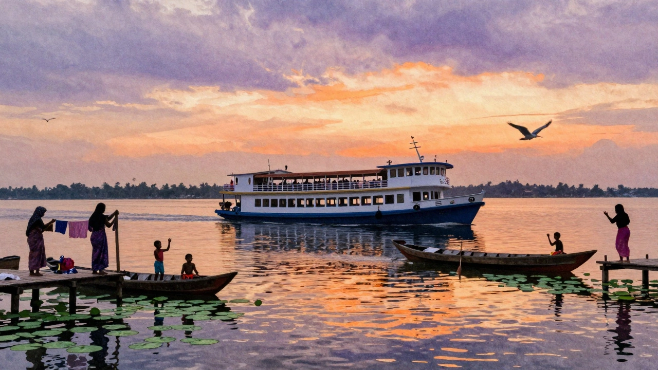 A quiet public ferry gliding through Kerala&#039;s backwaters at dusk, with silhouettes of people and herons.