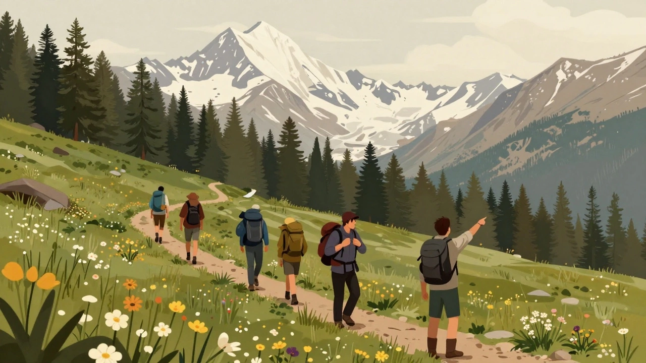 A small group walking through wildflower meadows on Indrahar Pass with snow-capped peaks in the distance.