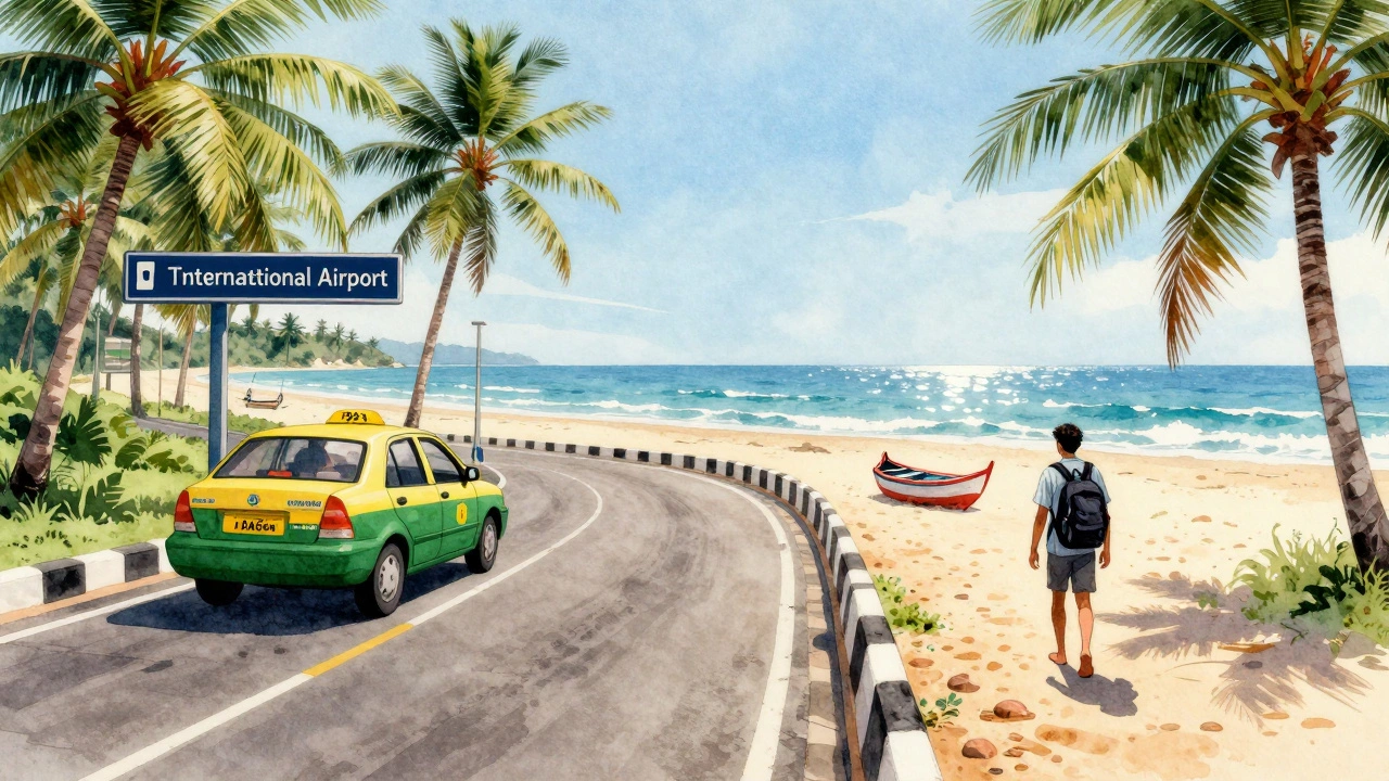A taxi ride from Trivandrum Airport to Kovalam Beach, passing coconut trees and fishing boats under a bright sky.