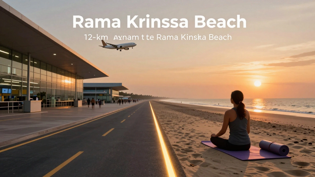 A traveler at sunset on Rama Krishna Beach in Visakhapatnam, connected visually to the nearby airport by a golden path.