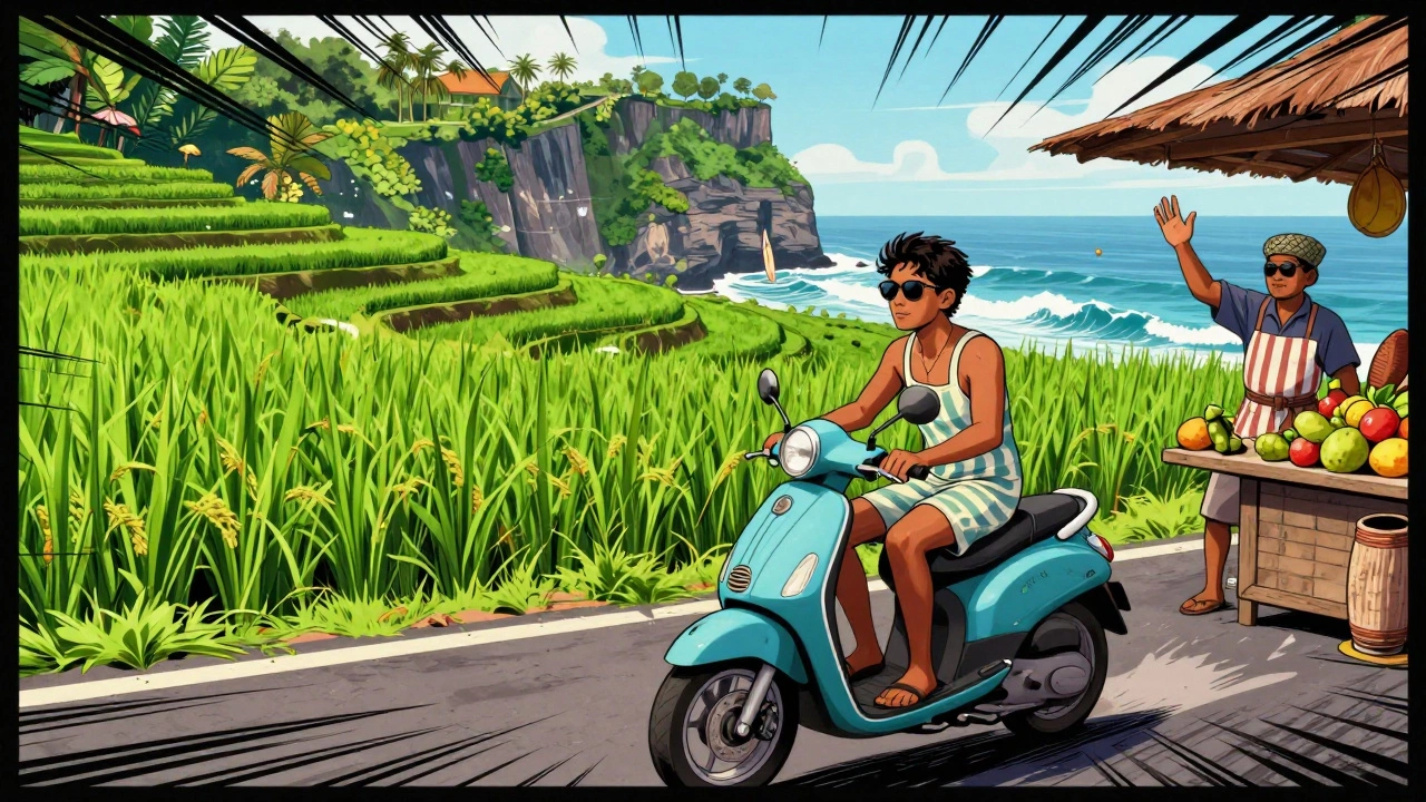 A traveler riding a scooter through Bali’s green rice terraces with surfers in the distance.