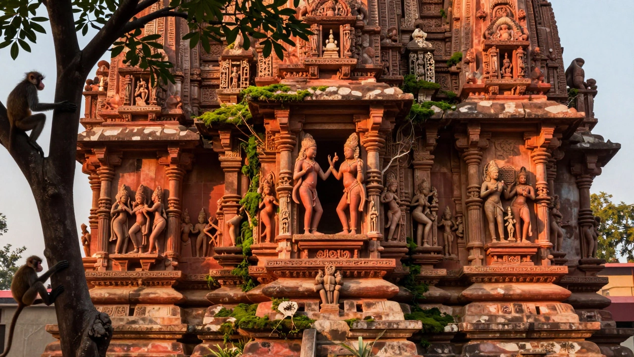 Ancient Khajuraho temple carvings glowing in golden light, surrounded by forest and wildlife.