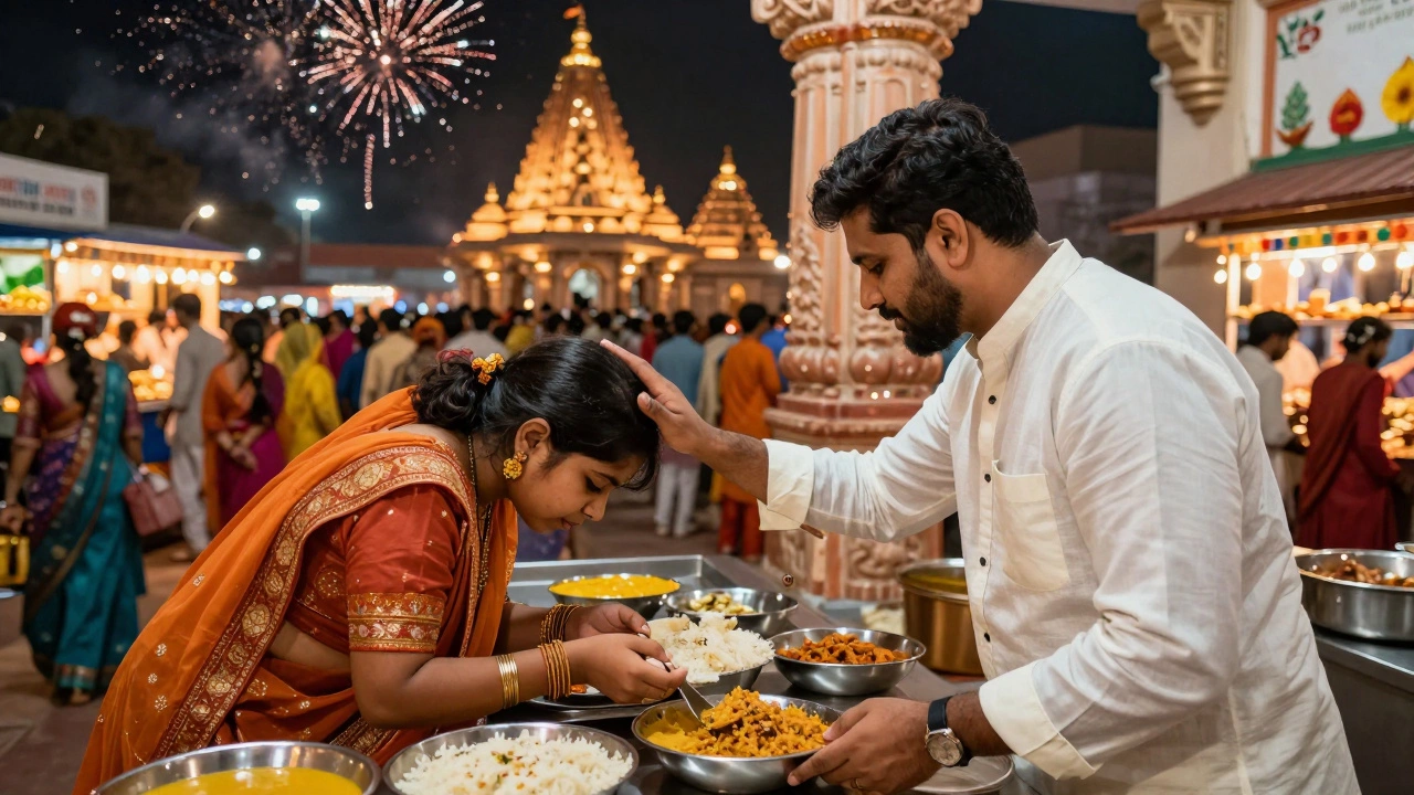 Diwali festival outside a temple blending with a quiet scene inside where a couple blesses a child and volunteers serve food.
