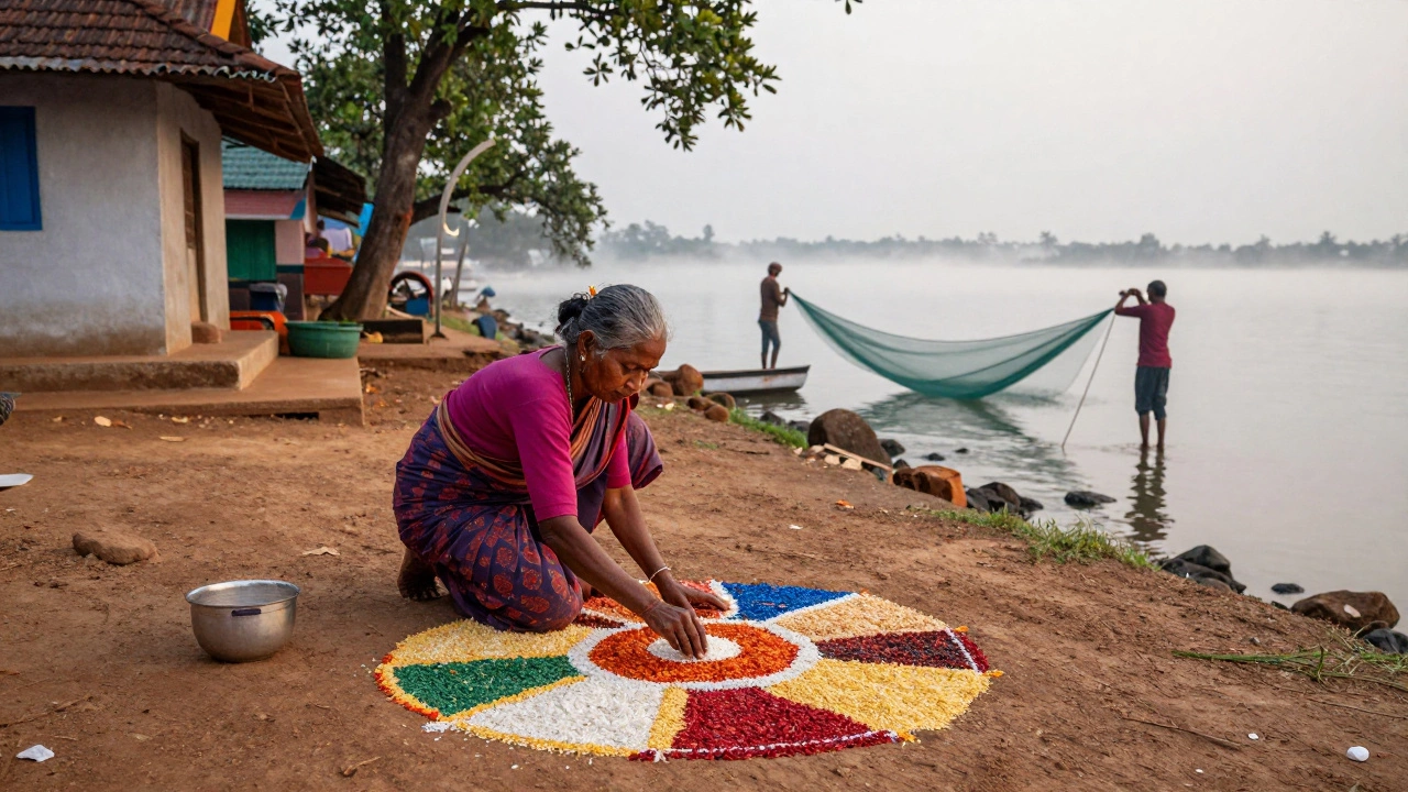 Elderly woman creating a rice kolam pattern at dawn in a rural Odisha village.