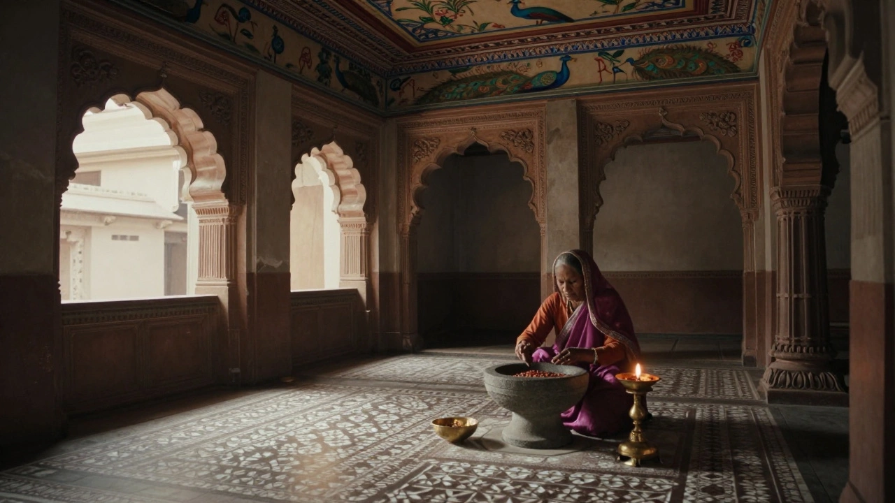 Elderly woman grinding spices in a Chettinad haveli, sunlight through ornate wooden windows.