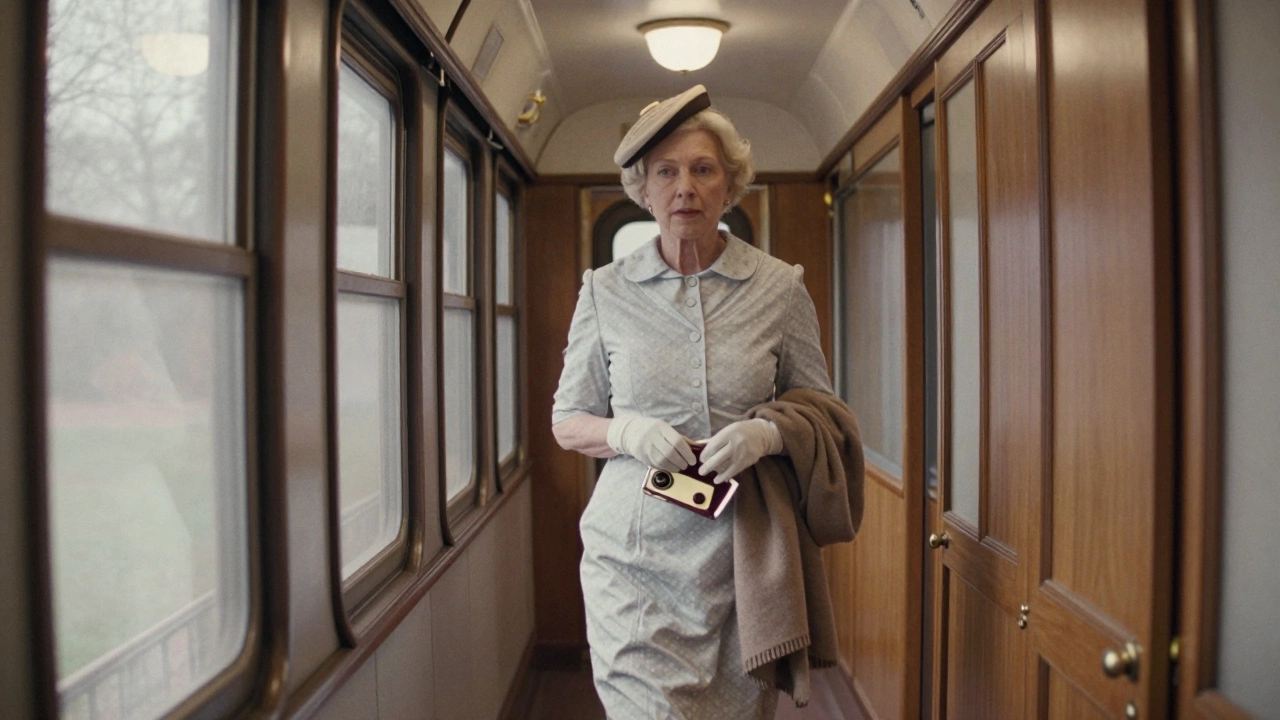Elderly woman in vintage tea dress and gloves walking down train corridor with cashmere wrap.