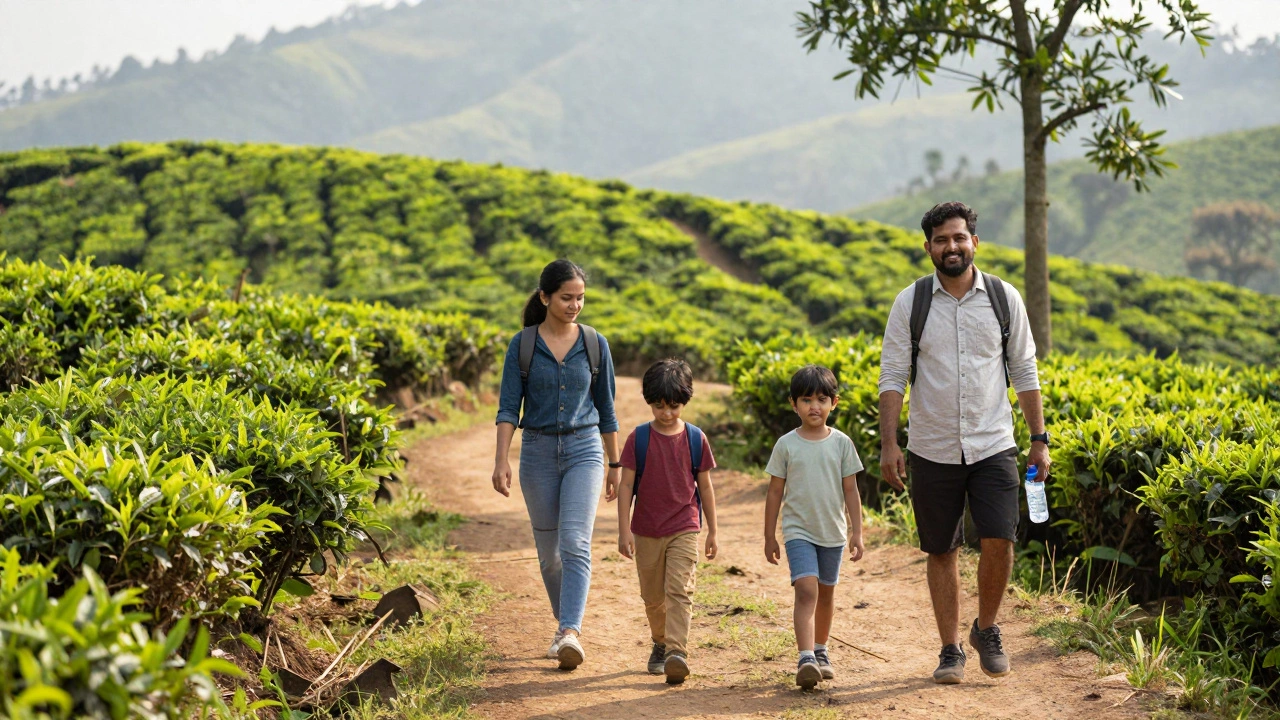 Family walking through tea plantations on a sunny trail in Kerala, relaxed and smiling.