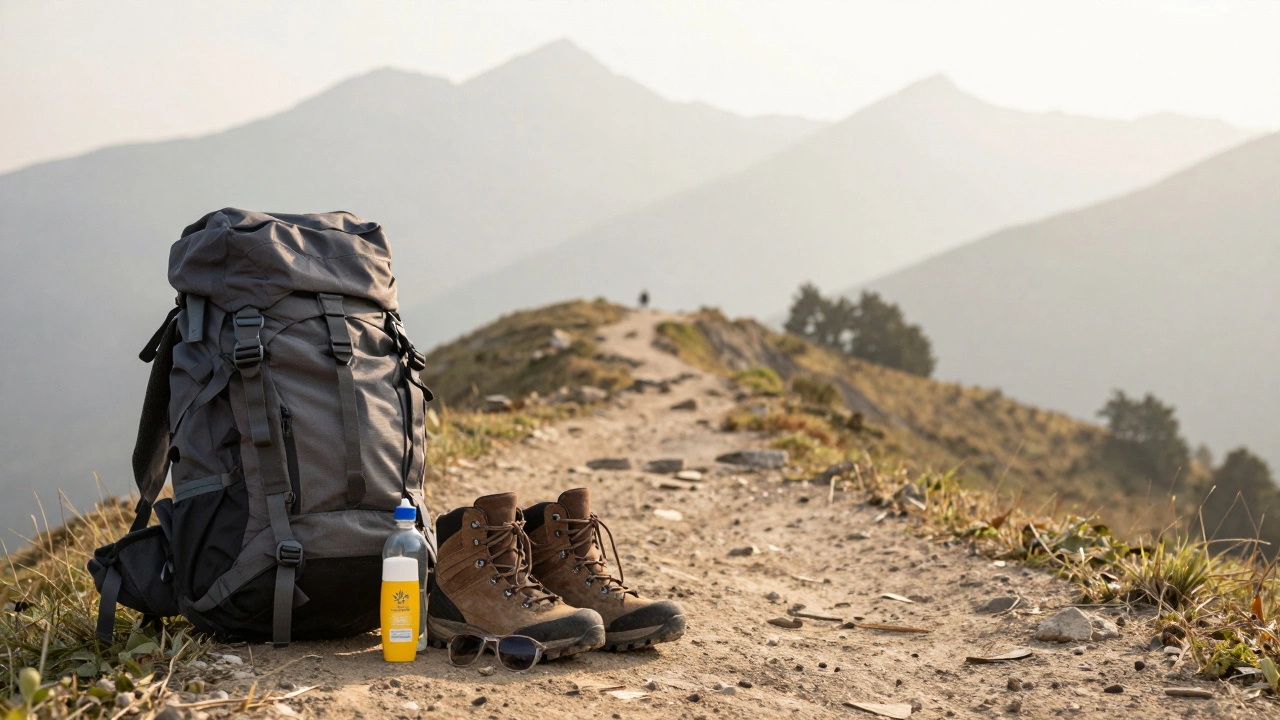 Hiking boots and gear at the start of a mountain trail, symbolizing a beginner&#039;s journey.