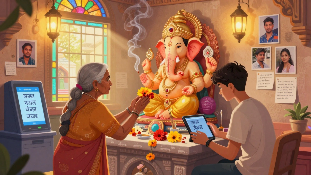 Interior of a U.S. Hindu temple showing an elder offering prayers beside a teen using a tablet to learn Sanskrit.
