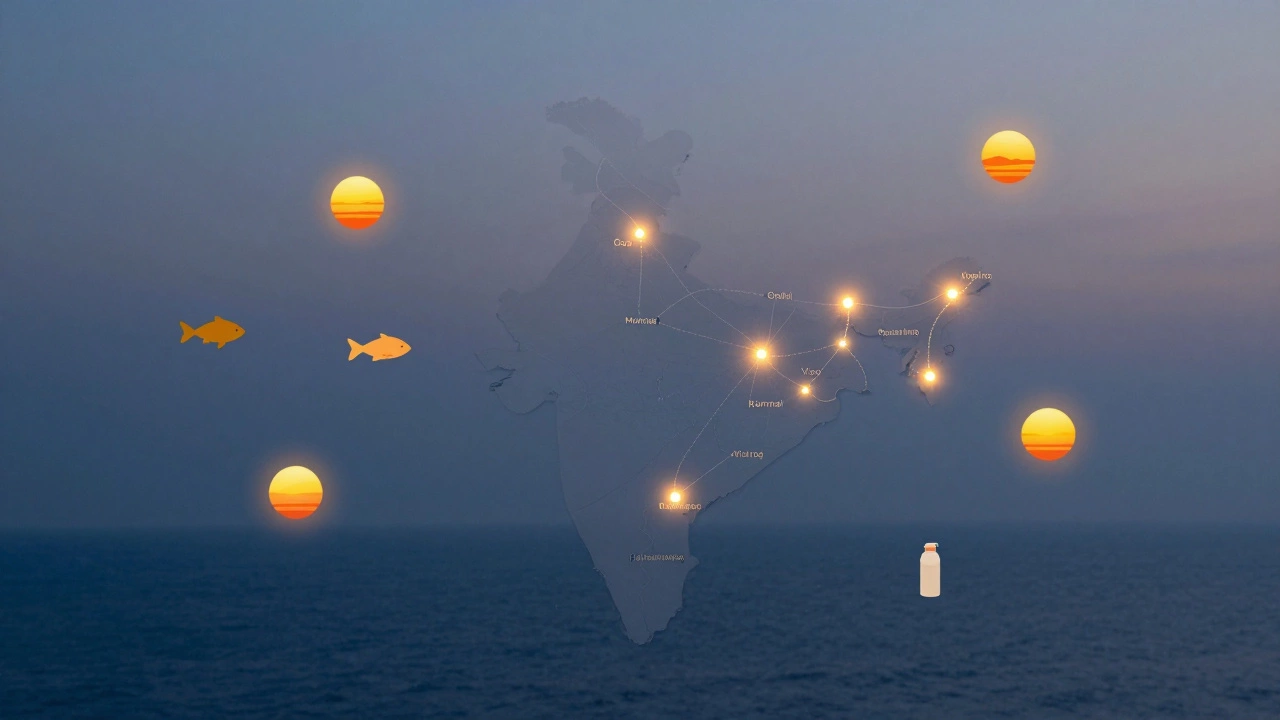 Map of India highlighting top beach destinations with travel routes and icons.