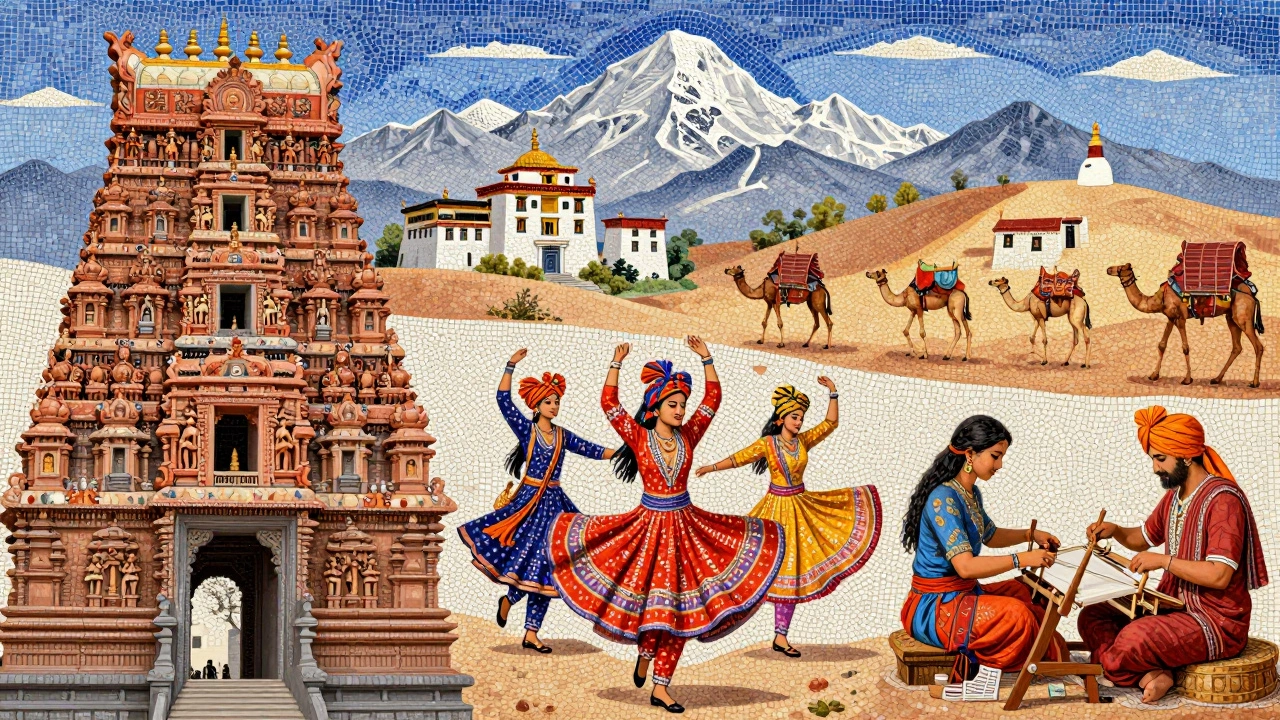 Mosaic of Indian cultural elements: temple tower, dancers, weavers, and desert caravans.