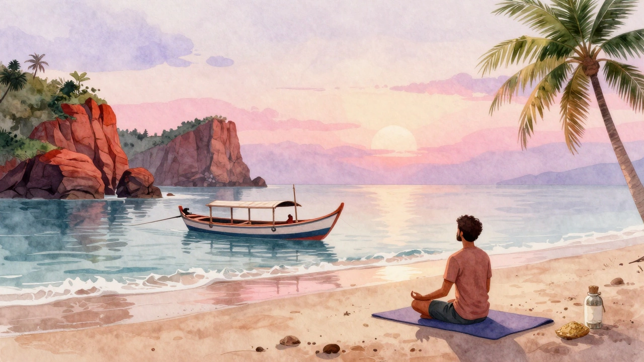 Serene Kerala beach at dawn with fishing boat, cliffs, and meditating traveler.