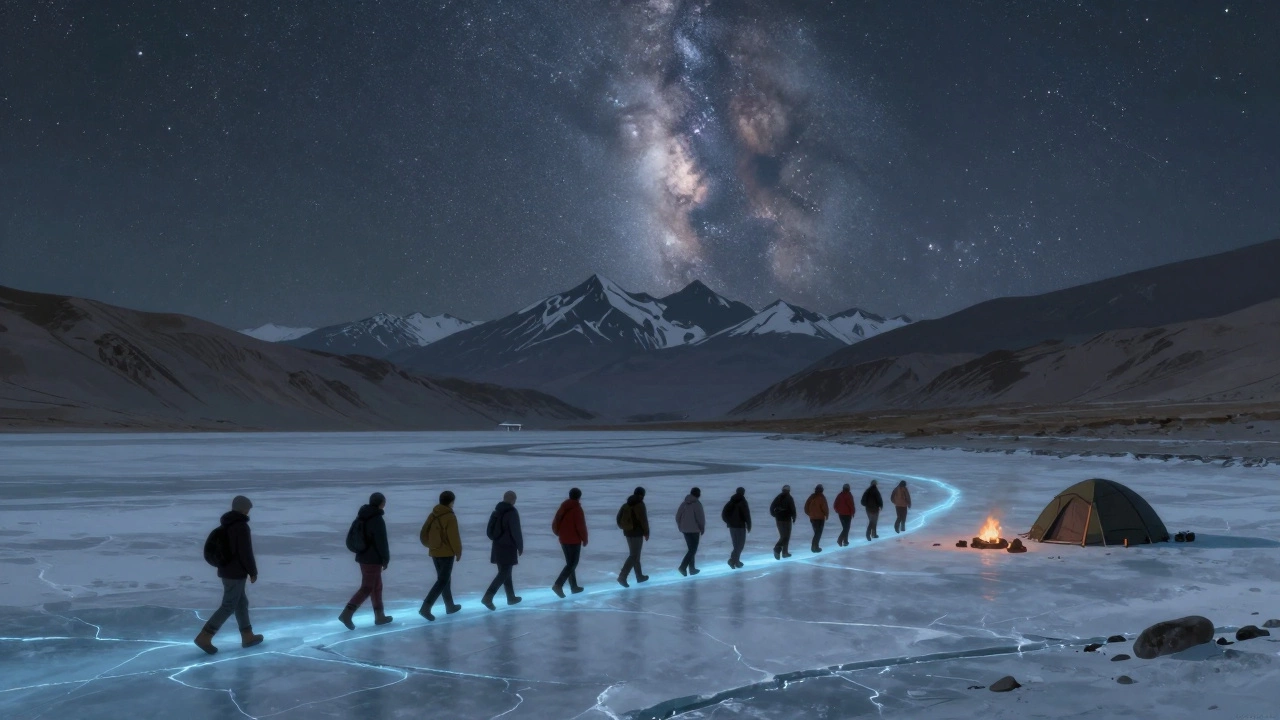 Trekkers walking on frozen river under starry sky during Chadar Trek in winter.