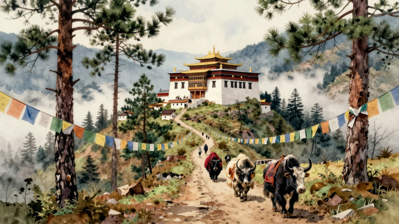 Winding trail through pine forest leading to Tawang Monastery in Arunachal Pradesh.