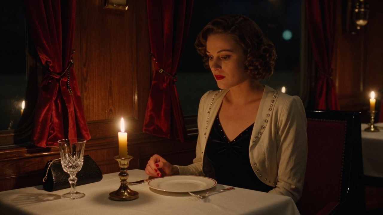 Woman in black velvet dress at candlelit dining table, crystal glasses and silver cutlery glowing softly.