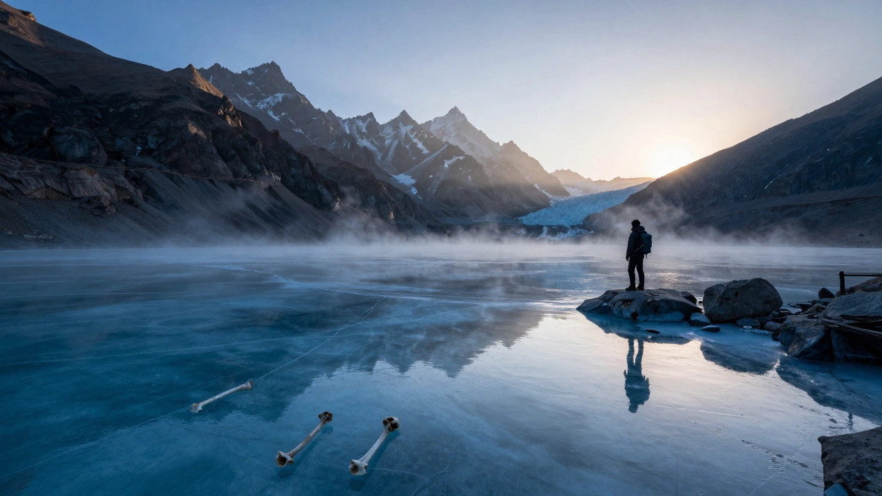 A glacial lake with visible ancient bones reflects mountain ridges under dawn light.