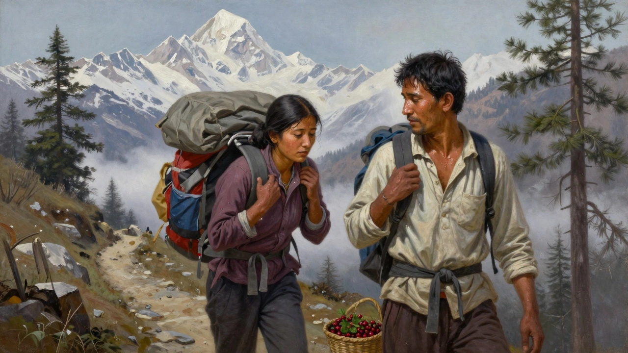 A Himalayan villager carries a backpack for a weary traveler on a mountain path.