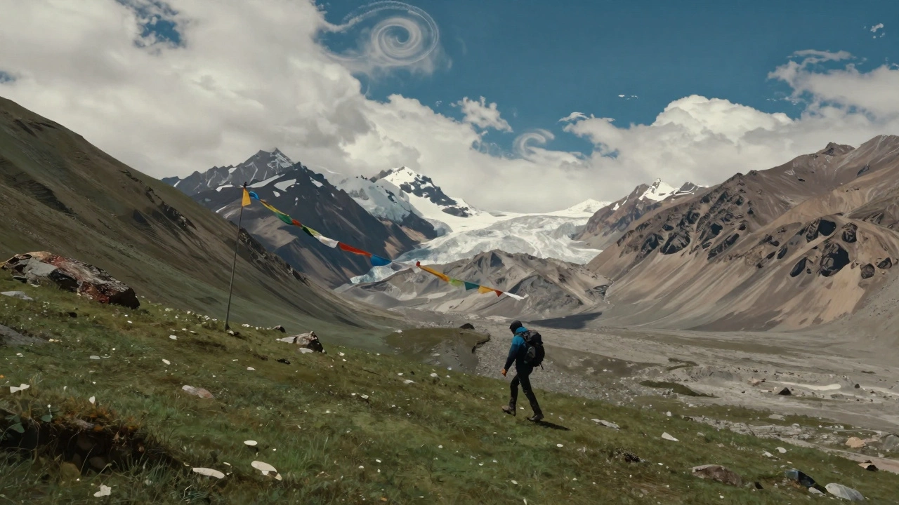 A lone hiker crossing Hampta Pass between green valleys and barren lunar terrain.