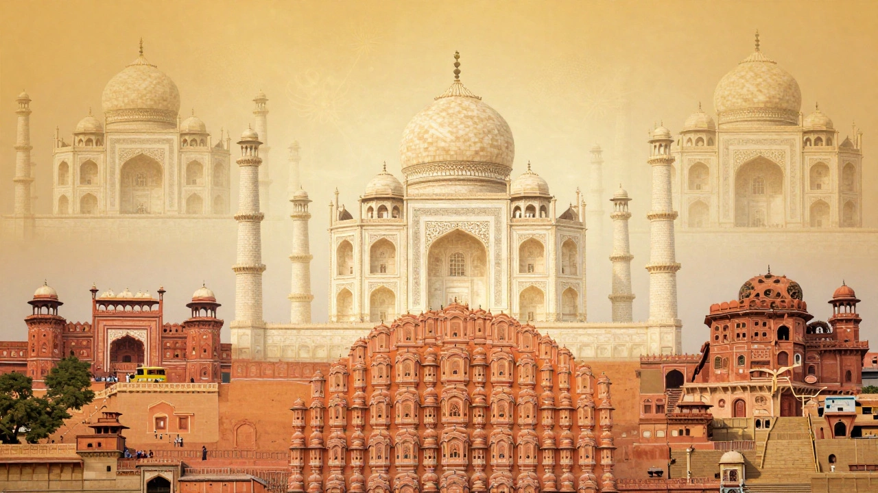 A tapestry of India’s UNESCO heritage sites woven together in a golden cultural mosaic.