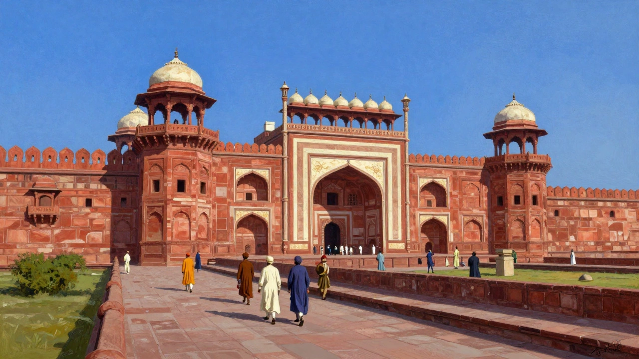 Agra Fort’s red sandstone walls and Mughal-era courtyards under bright midday sun.