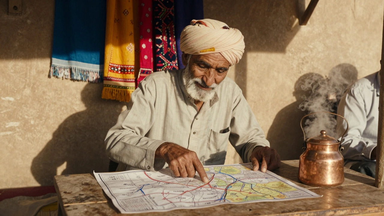 An elderly man in Rajasthan shows a tourist a hand-drawn map at his tea stall.
