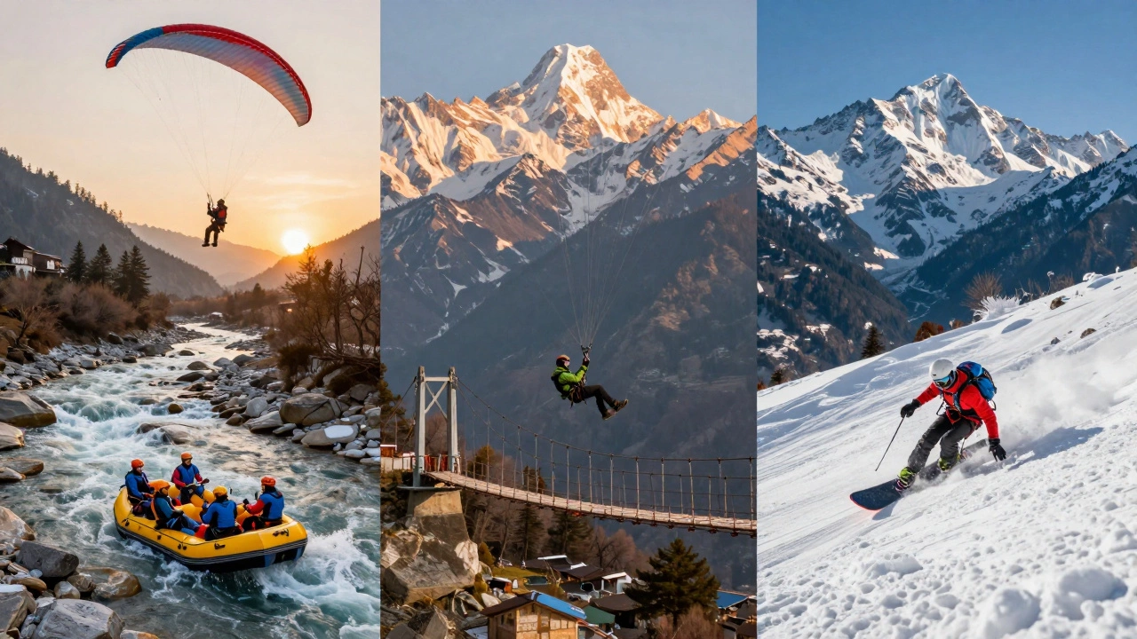 Four adventure activities — paragliding, rafting, bungee jumping, and snowboarding — in one Himalayan landscape.