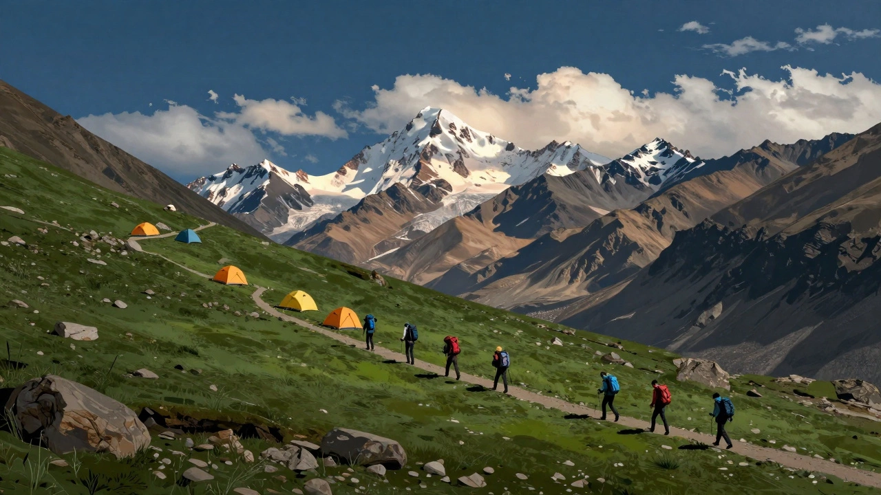 Hikers cross a high mountain pass between green valleys and barren rocky landscapes.
