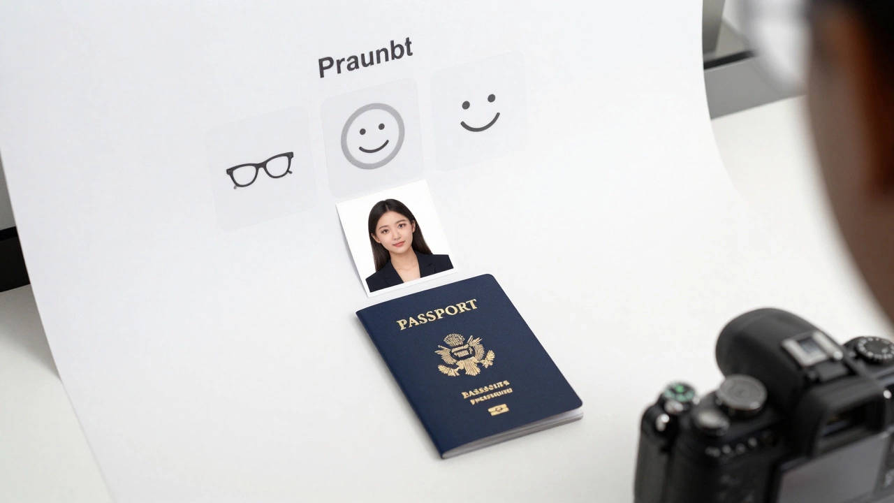 A passport photo setup with strict requirements shown visually: white background, no glasses, no smile.