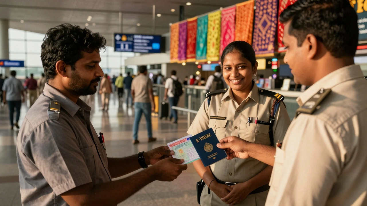 A U.S. traveler handing their passport and printed e-Visa to an Indian immigration officer at the airport.