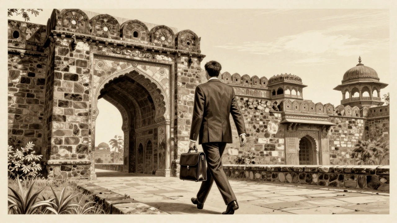 Business traveler exploring Shaniwar Wada Fort in Pune.