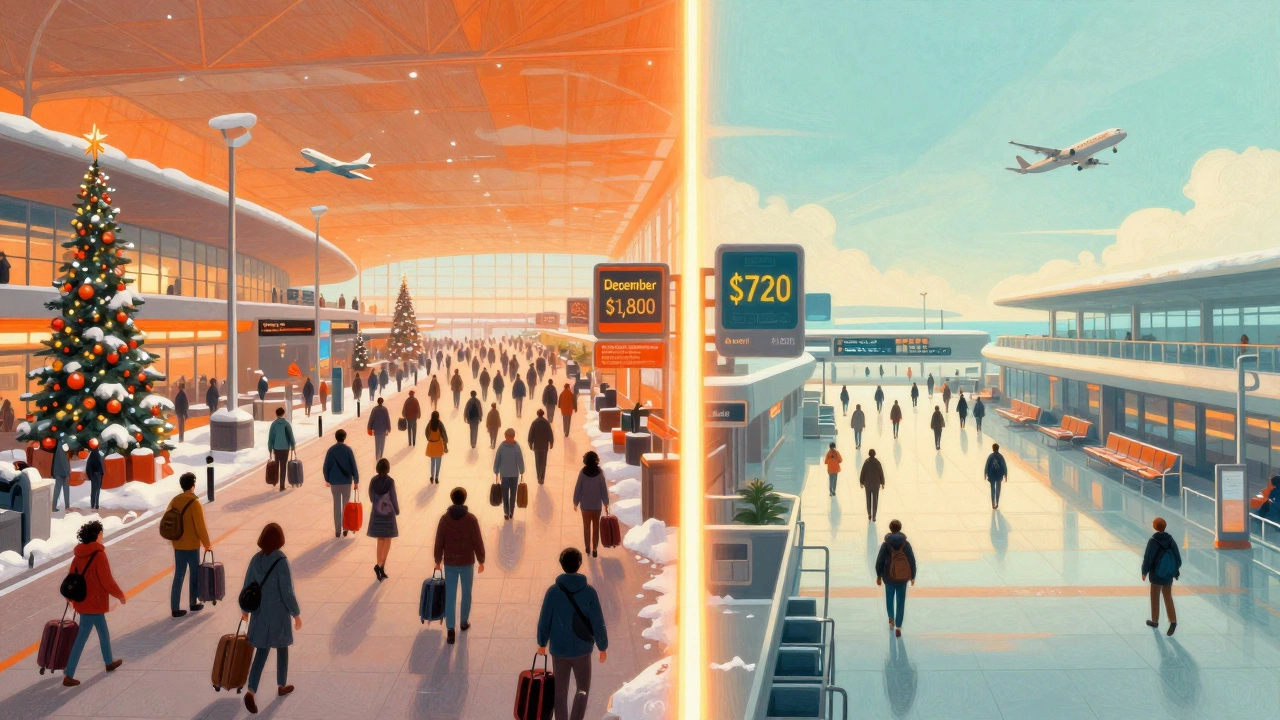 Contrasting airport scenes: crowded Christmas departure vs. quiet April flight with price tags.