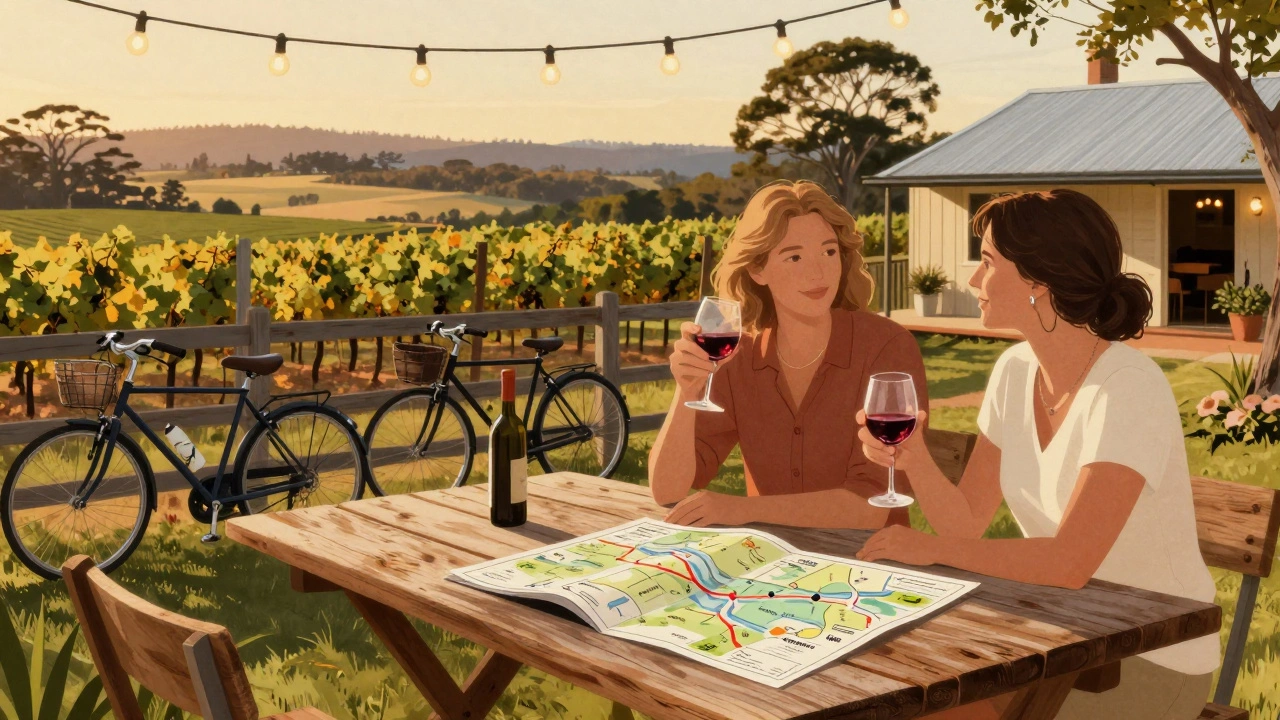 Couple enjoying wine at a rustic table in Hunter Valley with bikes nearby and a boutique B&amp;B in the background.