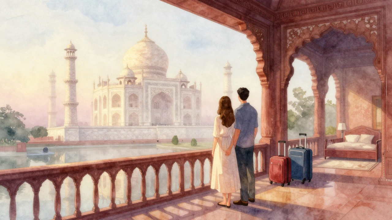 Couple viewing Taj Mahal at sunrise from hotel balcony.