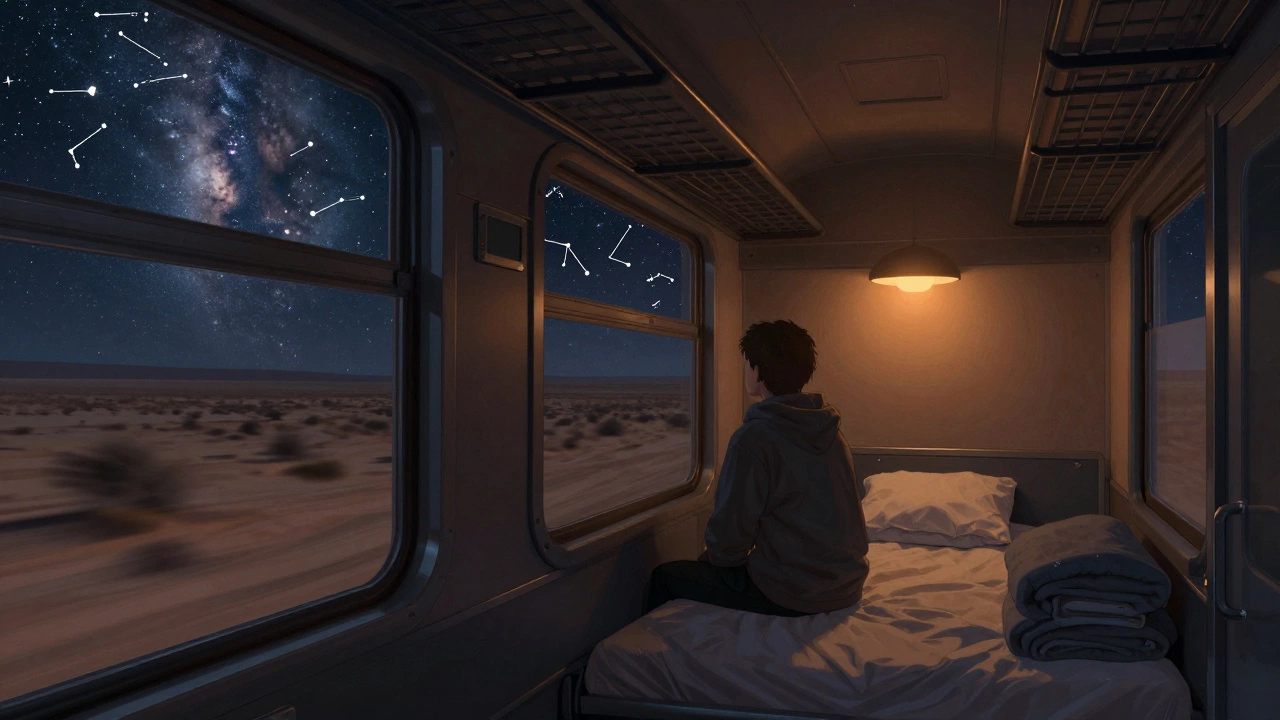 Sleeper car interior at night with a traveler watching the Milky Way through the window under soft lamplight.