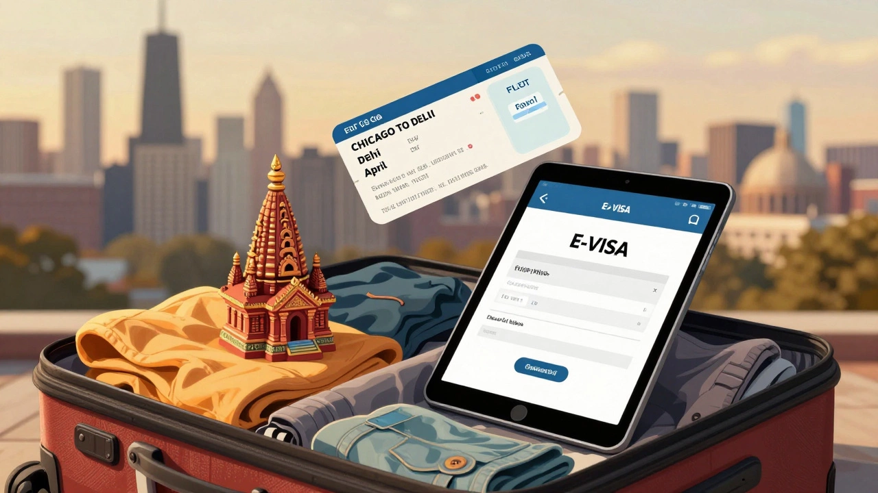 Suitcase packed with souvenirs beside e-Visa confirmation and flight ticket to Delhi in April.