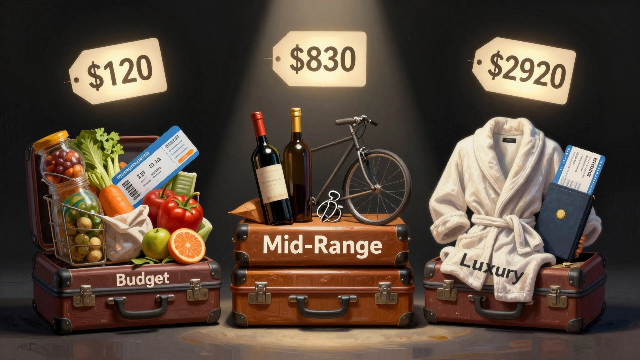 Three suitcases labeled by trip type, overflowing with symbols of budget, mid-range, and luxury travel costs.