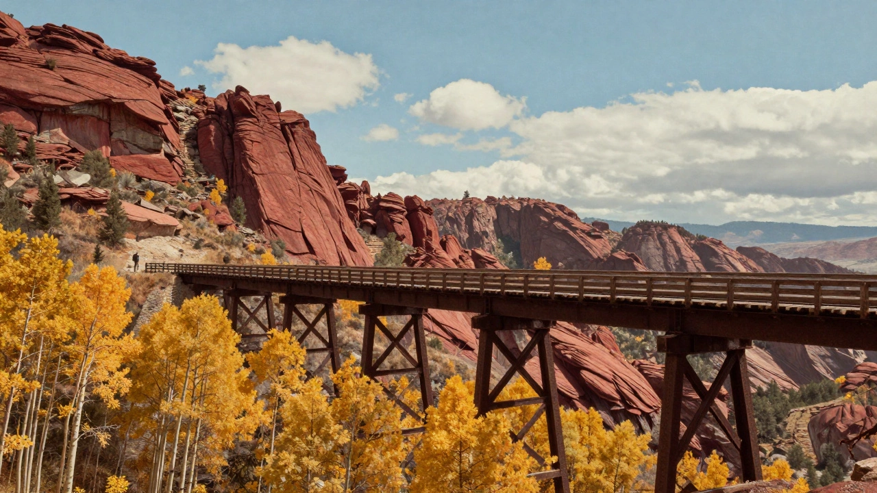 Vintage-style train crossing a high trestle bridge in the Sierra Nevada with golden aspen trees and red rock canyons.