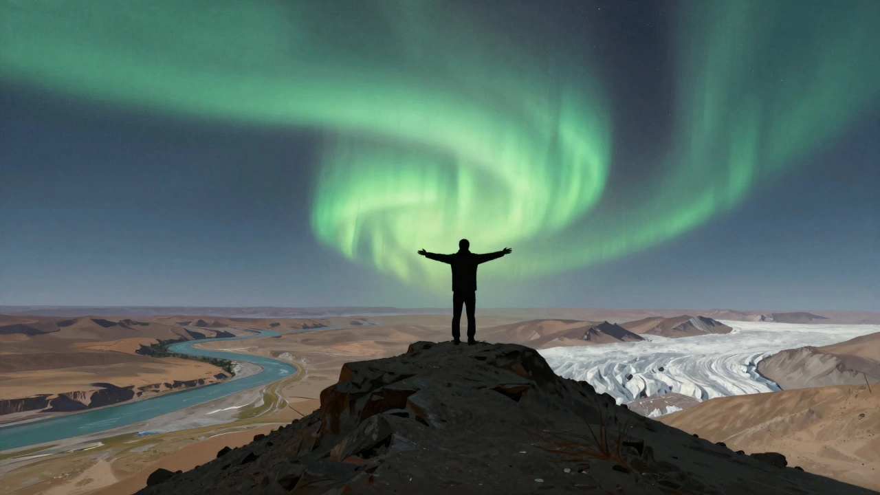 A solitary silhouette on Stok Kangri's summit, with glaciers and the Indus River below, bathed in an ethereal glow.