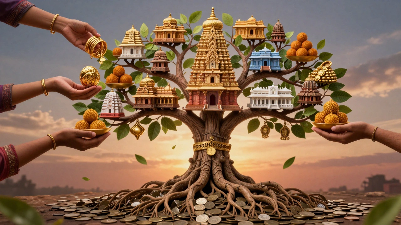 A symbolic temple wealth tree fed by offerings, growing from coins and land, with hospitals and food as its fruit.