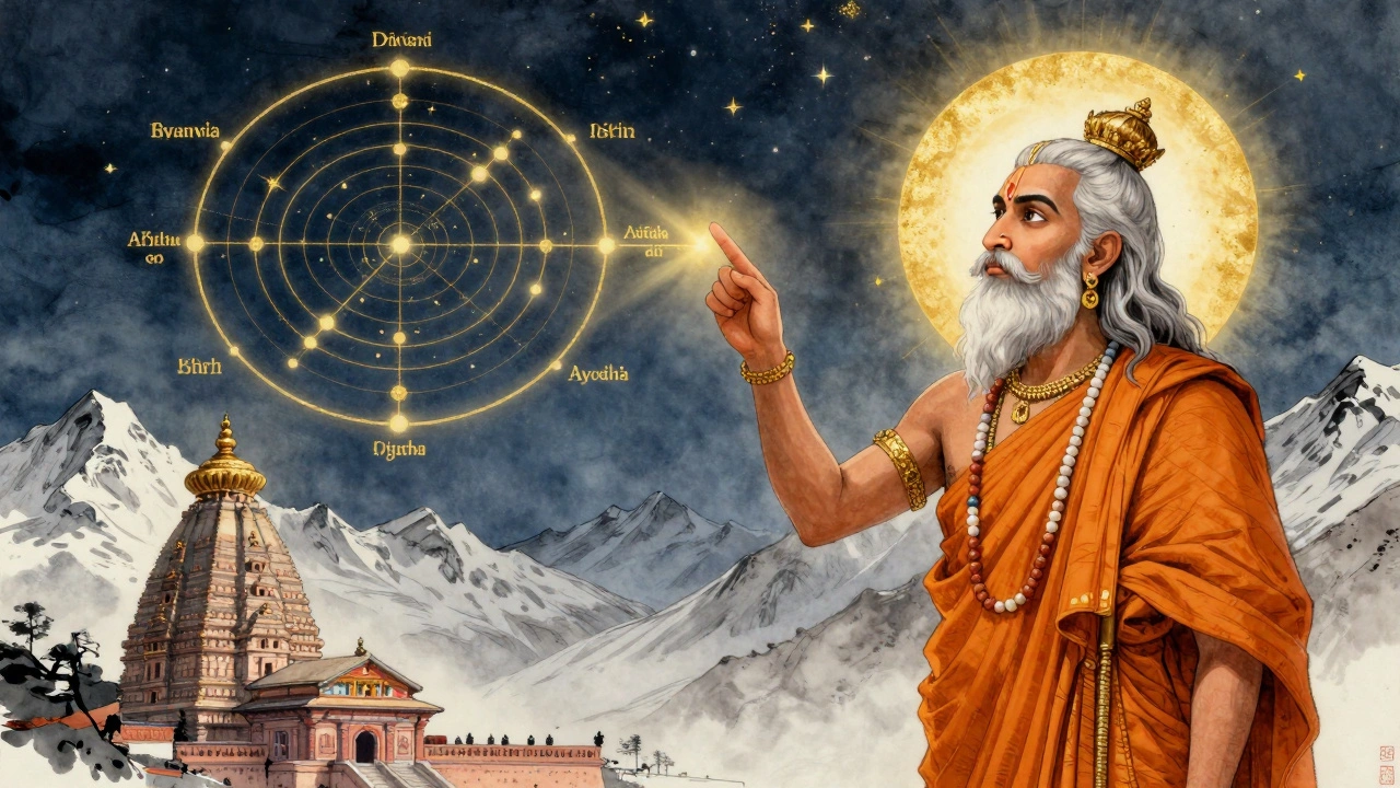 Ancient sage showing two Char Dham circuits: southern India's Puri-Dwarka-Rameswaram-Ayodhya and Himalayan Yamunotri-Gangotri-Kedarnath-Badrinath.