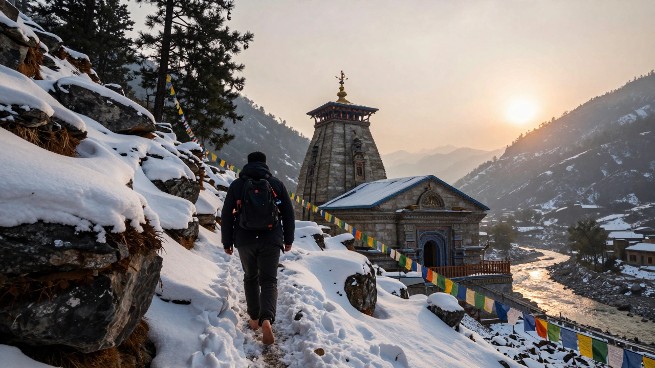 Barefoot pilgrim climbing steep trail toward Kedarnath Temple at dawn, snow-covered mountains and prayer flags in background.