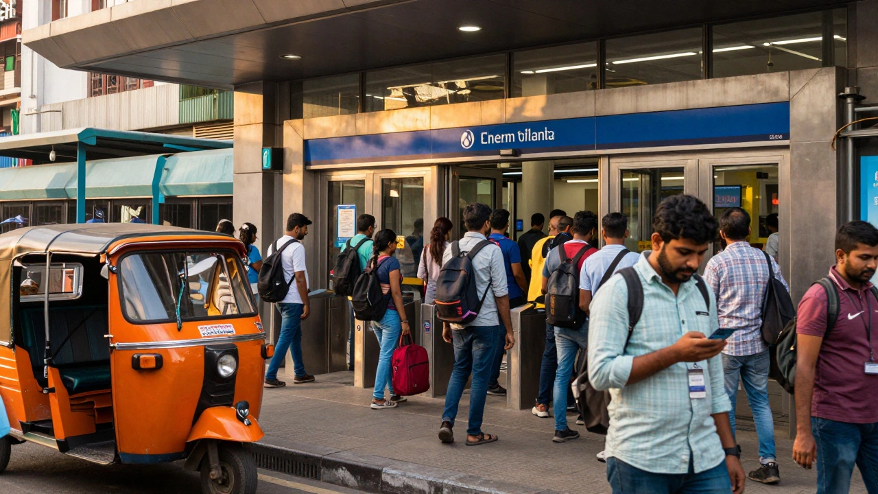 Busy metro station entrance with auto-rickshaws and commuters