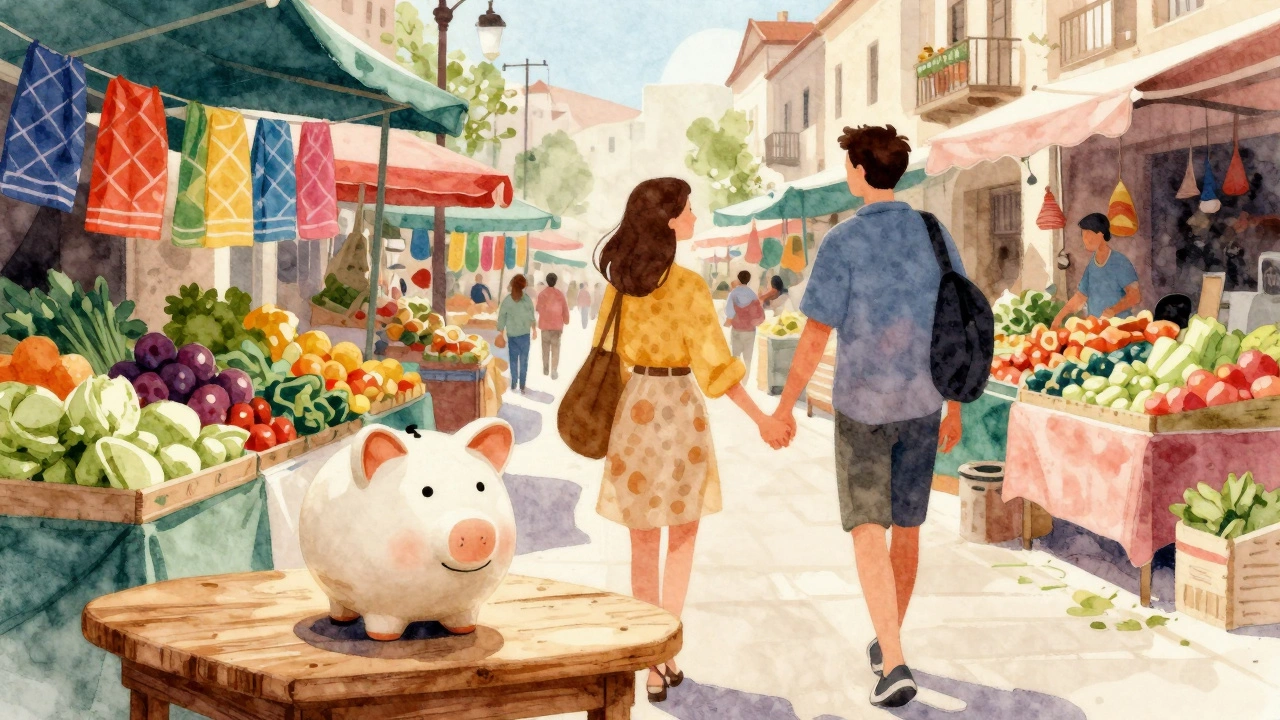 Couple shopping at local market with savings jar nearby.