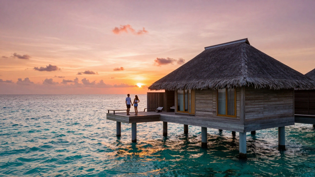 Couple silhouetted on luxury resort deck at tropical sunset.